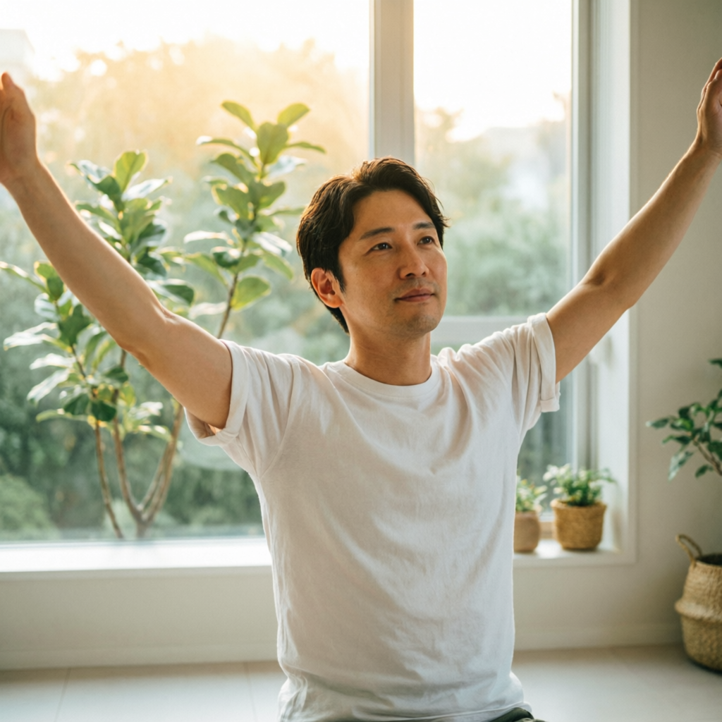 朝の窓辺で両腕を伸ばす30代の男性。柔らかな光と観葉植物。