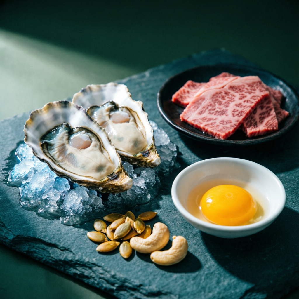 砕いた氷の上の生牡蠣、皿に盛られた赤身肉、器の卵黄、カボチャの種とカシューナッツを暗い緑の石板に並べた俯瞰写真
